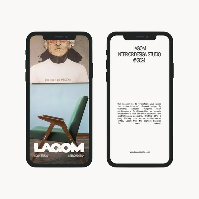 LAGOM interior studio mobile app mockup, minimal, photographic, muted