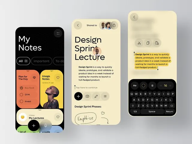 Mobile app UI kit with notes and design sprint screens, minimal, playful, light
