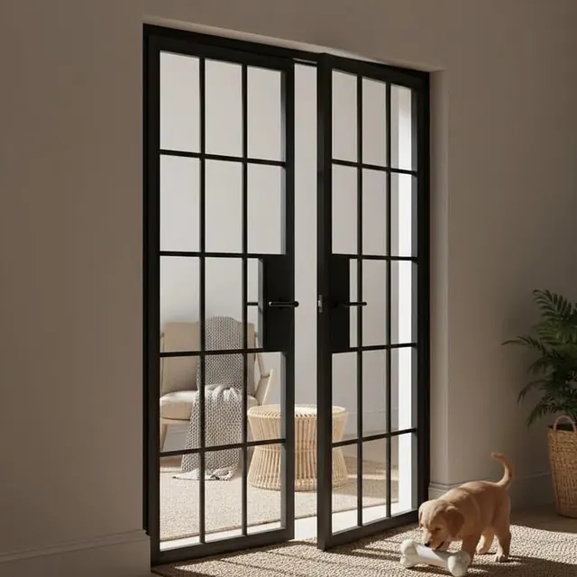 Black-framed glass bifold doors opening to interior, minimal, geometric, muted