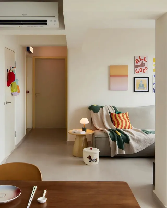 Japandi studio apartment interior, minimal, photographic, warm