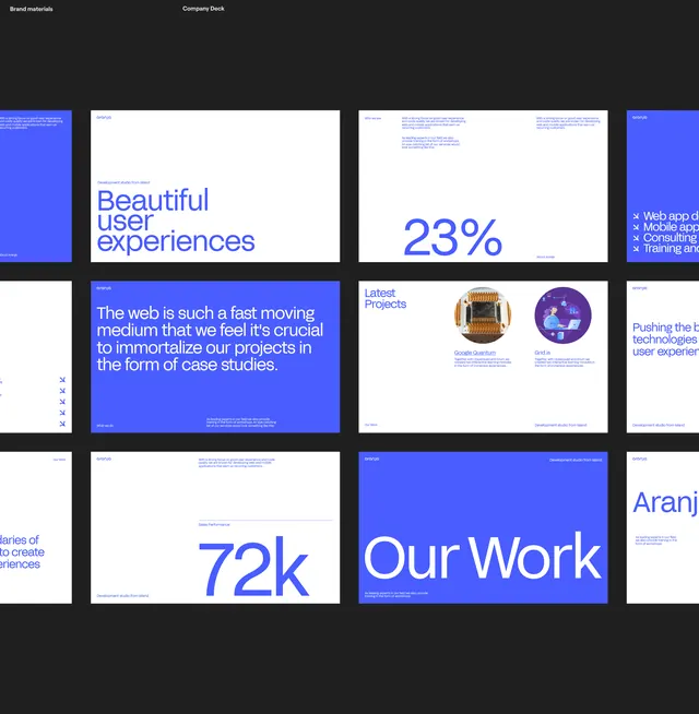 Blue presentation grid with metrics and case studies, corporate-clean, minimal, cool
