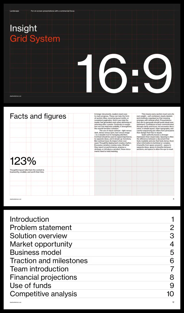 Insight Grid System presentation deck, minimal, corporate-clean, dark