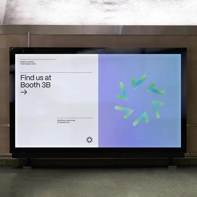 Split-screen exhibition booth signage with geometric accents, minimal, geometric, muted
