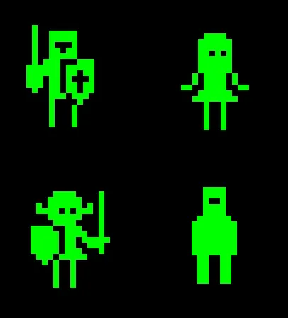 Neon pixel-art character sprites, retro, flat, dark