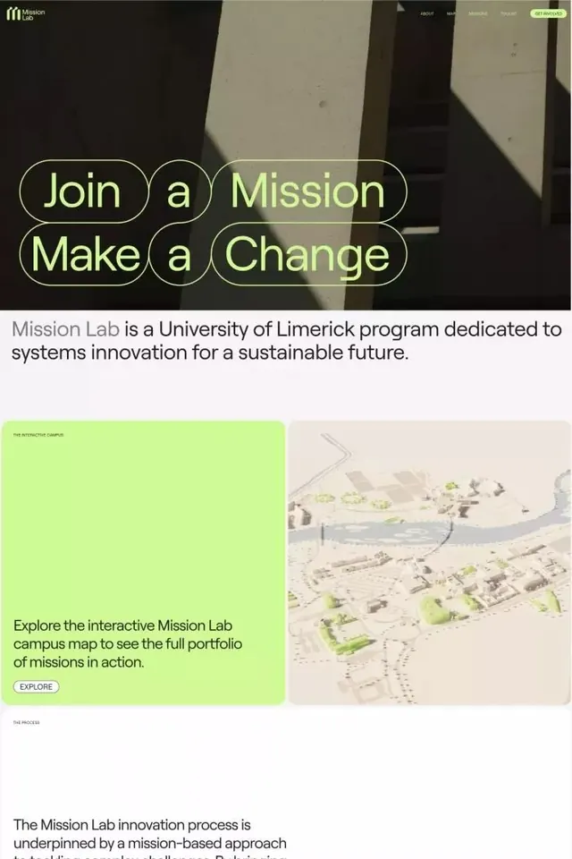 Mission Lab education hero, lime and beige split, minimal, corporate-clean, light