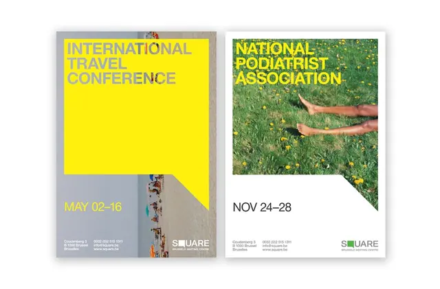 High-contrast conference posters with split composition, minimal, corporate-clean, light