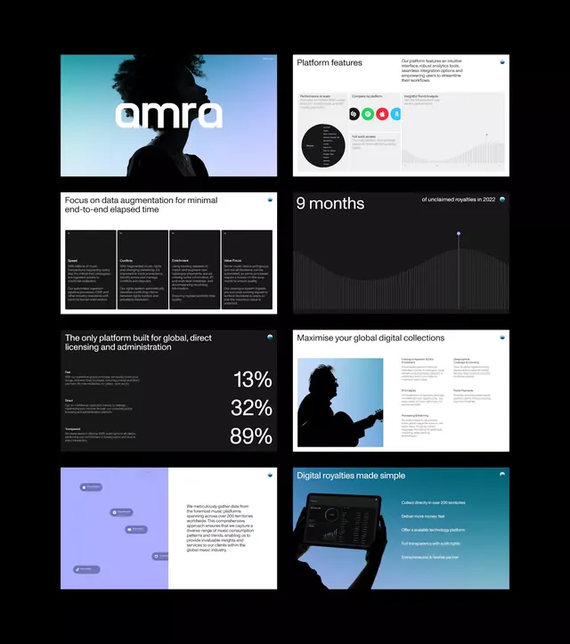 Multi-slide fintech platform deck with data visualizations, data-dense, technical, dark