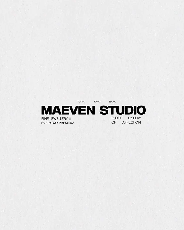 Maeven Studio jewellery brand wordmark with geographic tags, minimal, swiss, monochrome