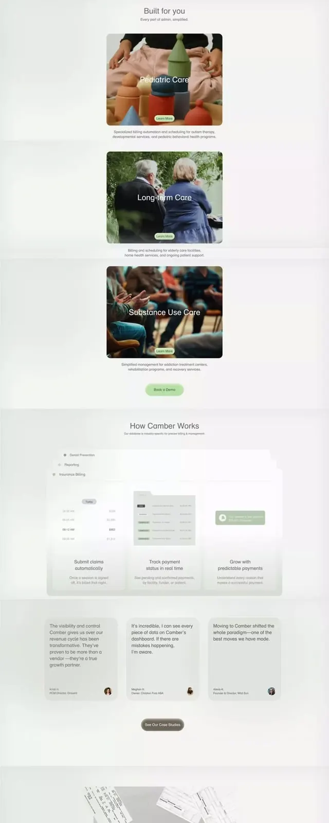 Comber wellness clinic landing page with soft green gradient, minimal, corporate-clean, light