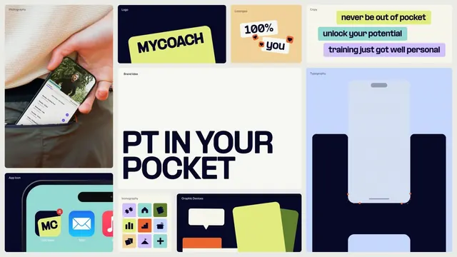 MyCoach fitness app brand system with neon color palette, playful, photographic, vibrant