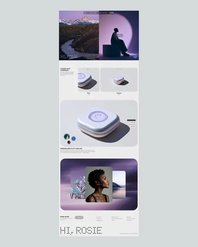 Hi.Rosie wearable product showcase with lifestyle layout, minimal, light-mode, light