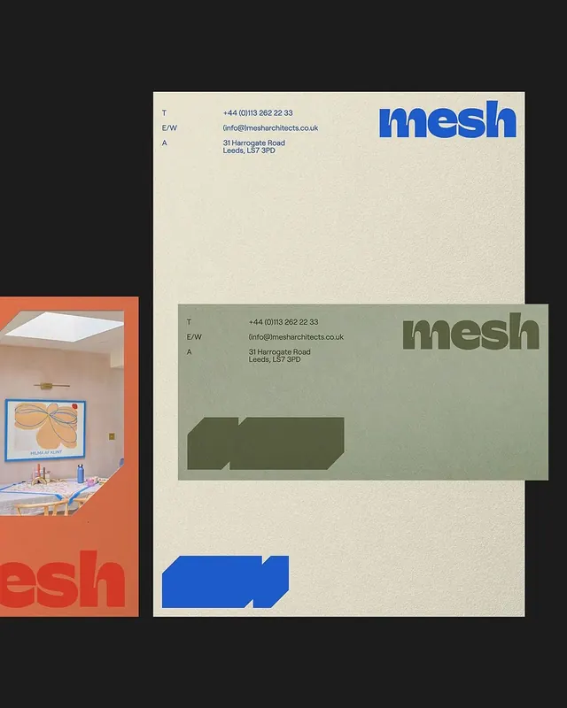 Mesh Architects brand identity with letterhead suite, minimal, corporate-clean, light