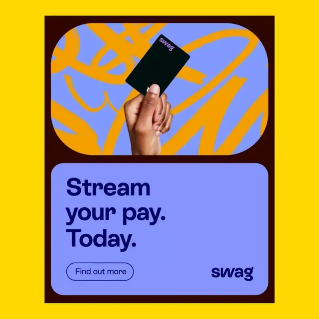 Swag fintech marketing card with bold abstract background, abstract, gradient-heavy, warm