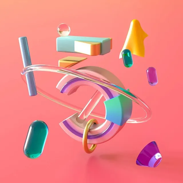 Abstract 3D Geometric Composition, 3d-render, gradient-heavy, vibrant