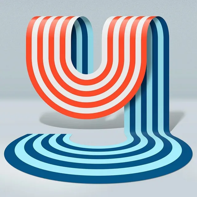 3D striped ribbon U letter, geometric, 3d-render, vibrant