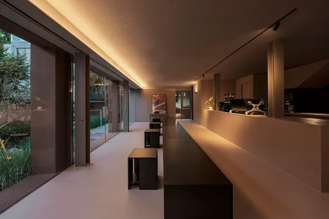 Modern Interior Architectural Space, minimal, corporate-clean, warm