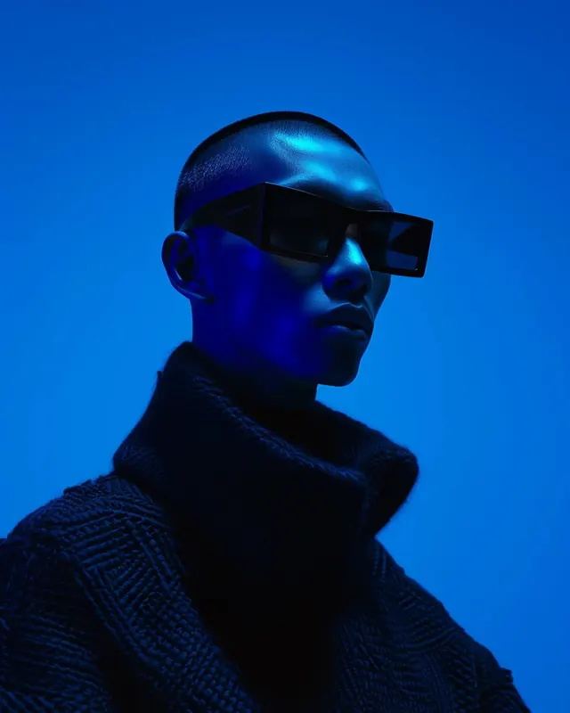 Blue-lit Portrait with Sunglasses, dark-mode, minimal, dark