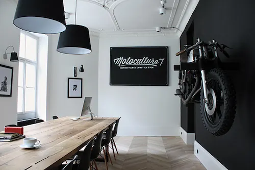 Modern Industrial Interior with Branding, minimal, corporate-clean, monochrome