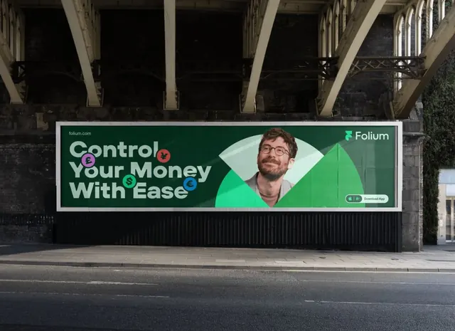 Folium fintech billboard with geometric cutout, minimal, corporate-clean, dark