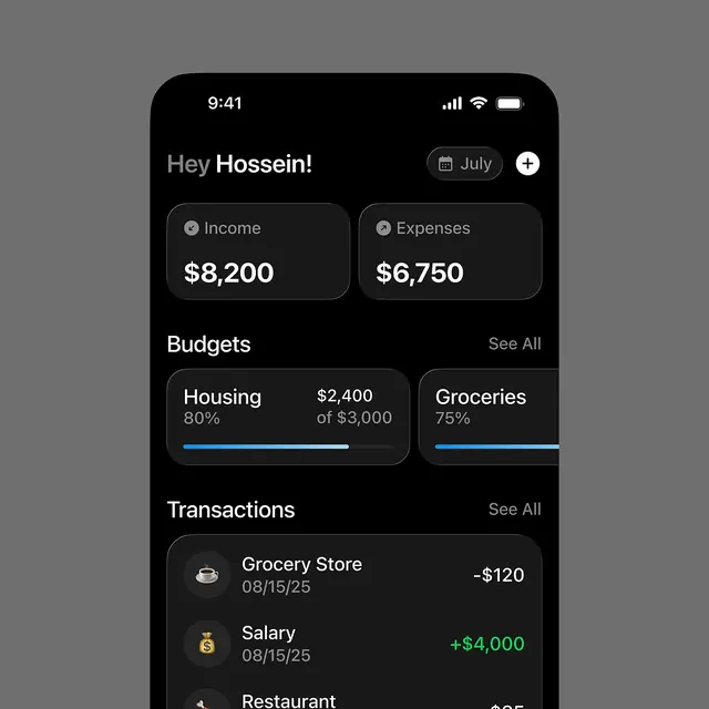 Dark personal finance app dashboard, dark-mode, minimal, dark