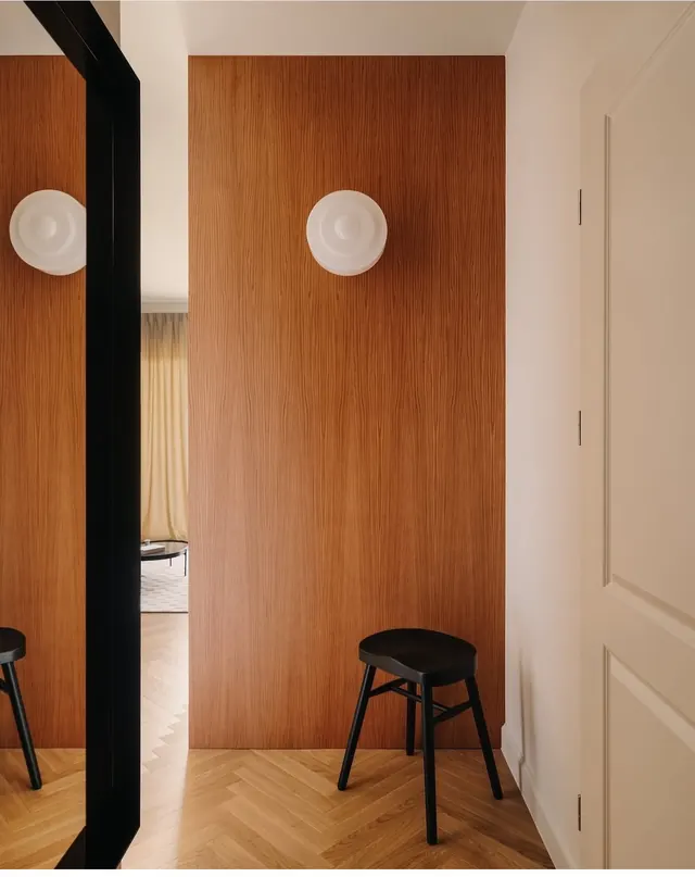 Minimalist interior with warm wood cladding, minimal, photographic, warm