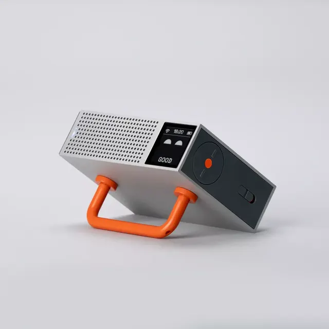 Portable portable device mockup with orange handle, minimal, technical, monochrome