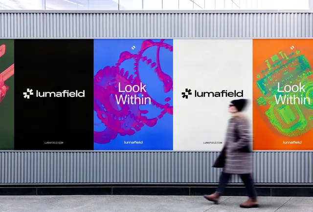 Lumafield storefront modular banner system, minimal, corporate-clean, dark
