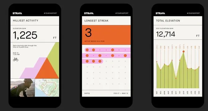 Strava fitness tracking cards with metric visualizations, minimal, flat, light