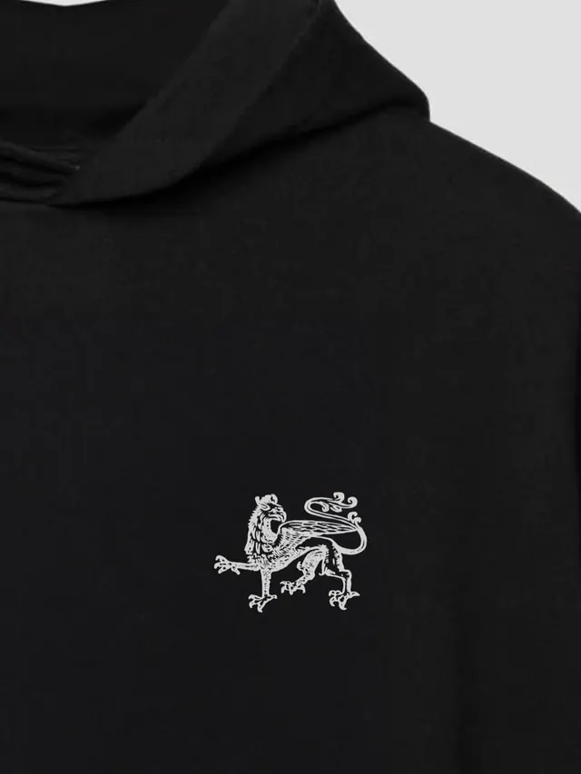 White heraldic dragon outline on black, minimal, line-art, monochrome