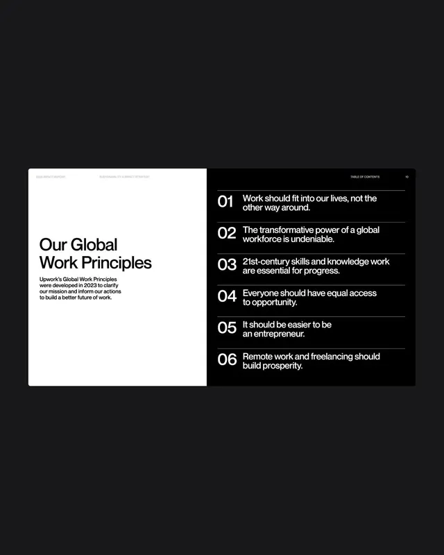 Split-panel numbered principles layout with high contrast, minimal, corporate-clean, dark