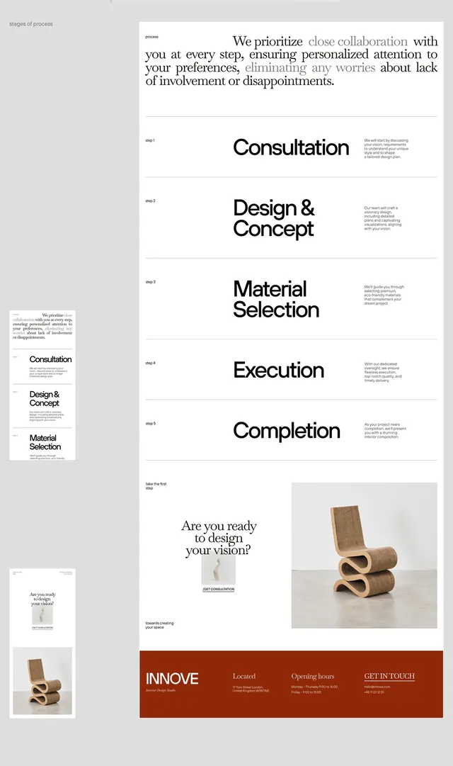 Design consultation process flow, corporate-clean, monochrome