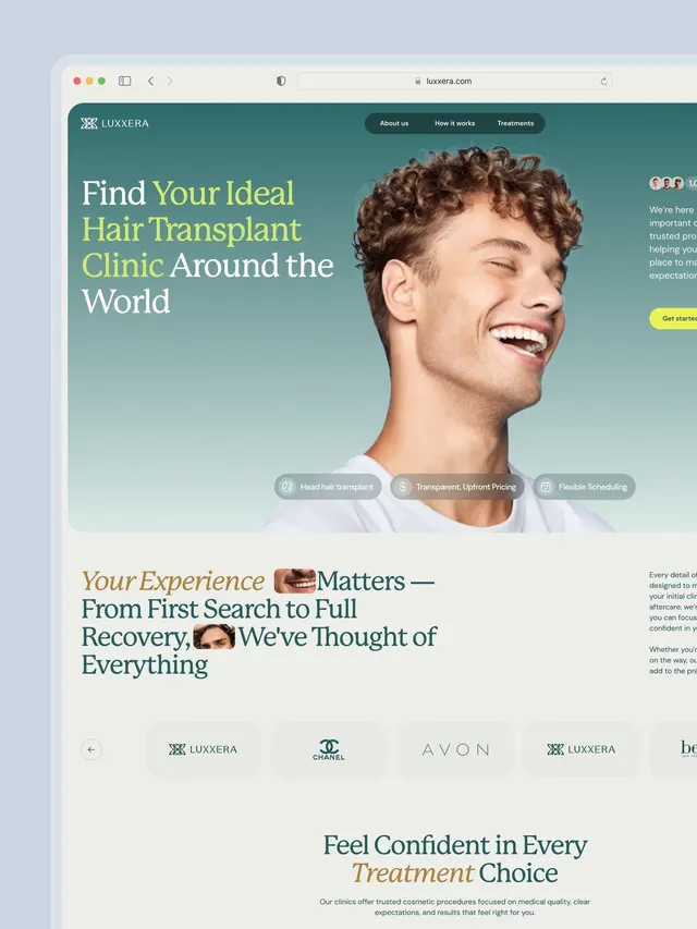 Hair transplant clinic hero with teal gradient and trust signals, minimal, light-mode, light