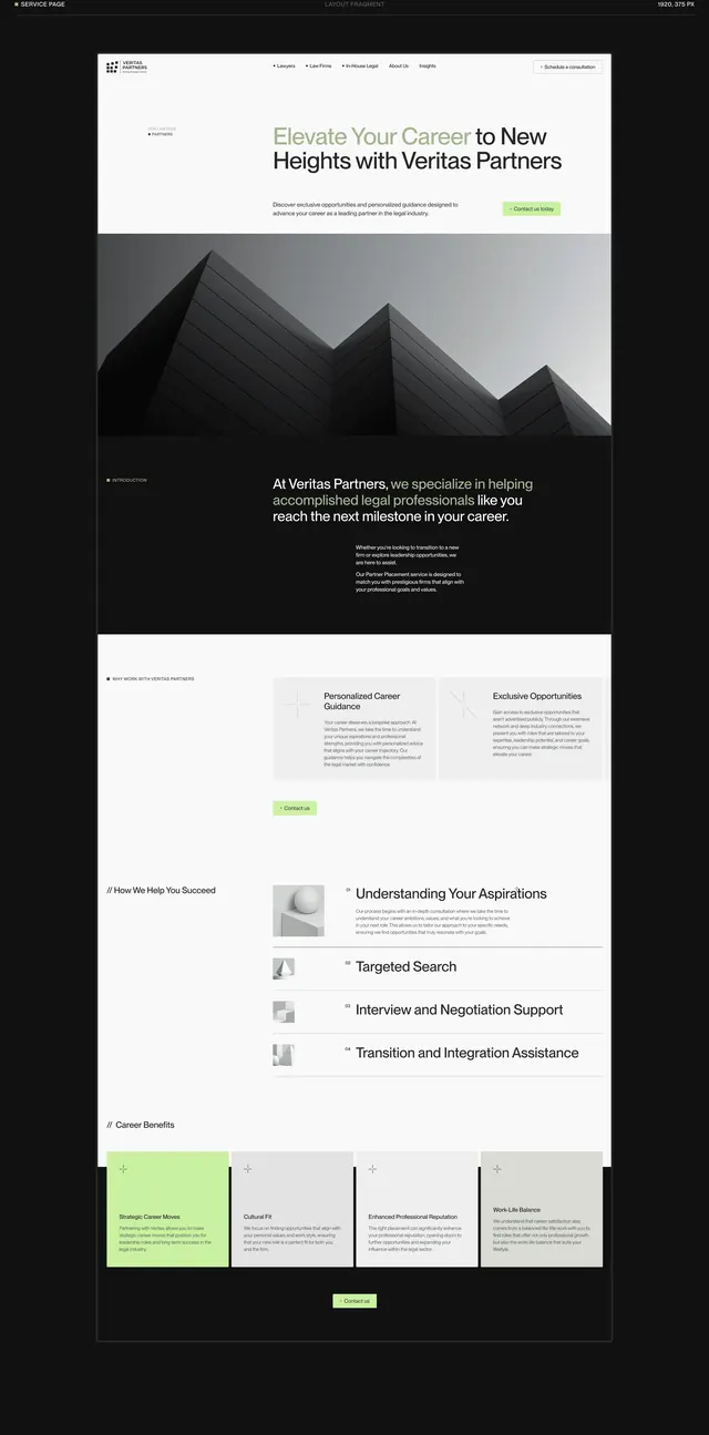 Dark career services website with lime accent and architectural imagery, minimal, corporate-clean, dark