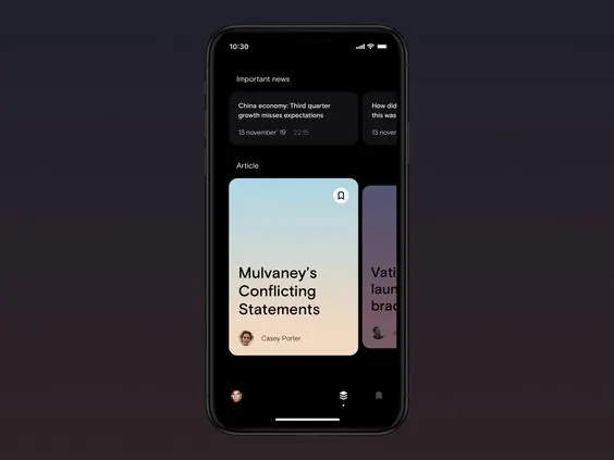 Dark mobile news feed with card layout, dark-mode, minimal, dark