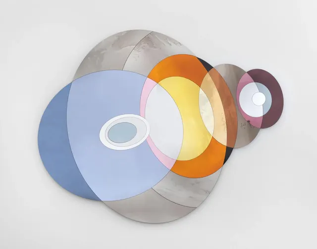 Layered translucent disc wall sculpture, abstract, 3d-render, pastel