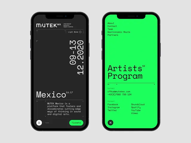 MUTEK Mexico dark mode event app UI, dark-mode, minimal, dark