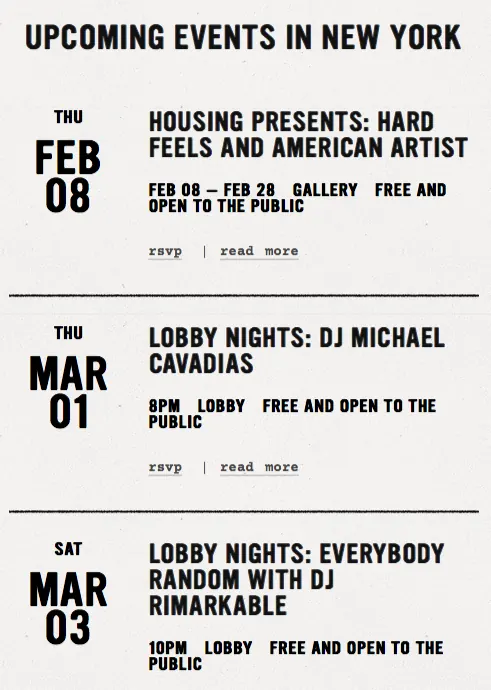 Minimal event listing poster, black and white, minimal, retro, dark