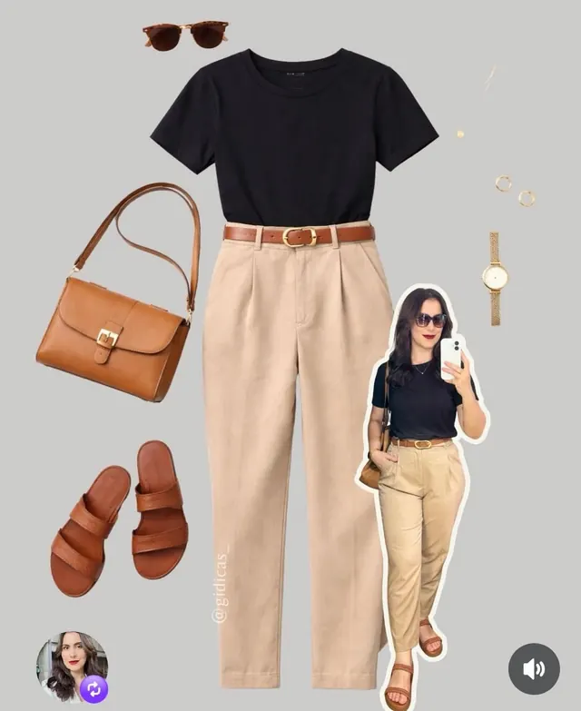 Neutral fashion outfit flat-lay mood board, flat, photographic, warm
