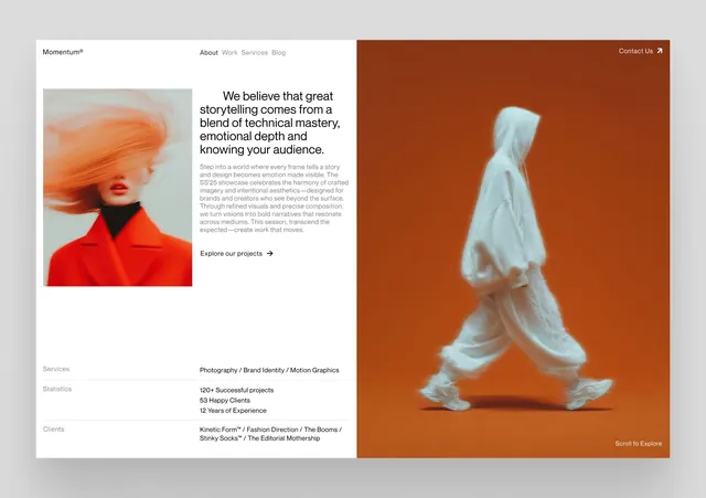 Momentum portfolio split-layout hero, photographic, corporate-clean, warm