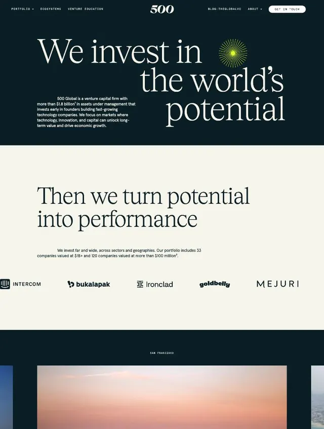 Venture capital hero with serif headline and icon, minimal, corporate-clean, dark