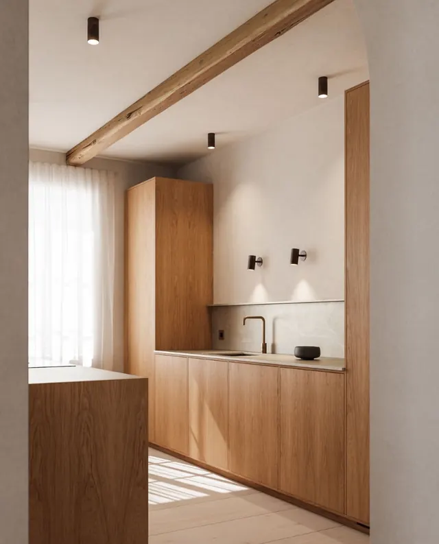 Warm minimal bathroom with natural wood tones, minimal, organic, warm