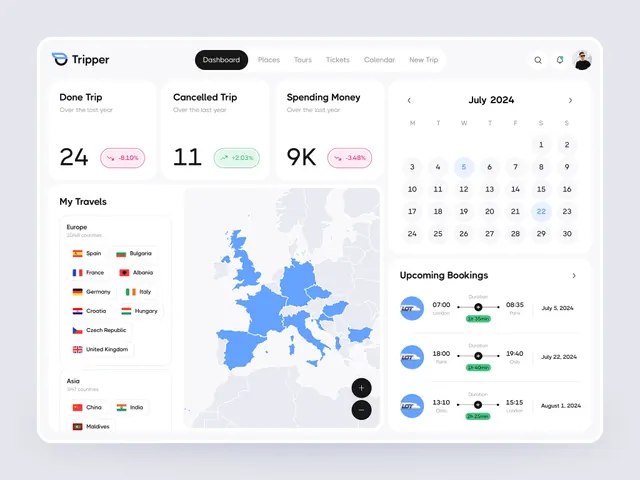 Travel app dashboard with map and bookings, glassmorphism, technical, cool