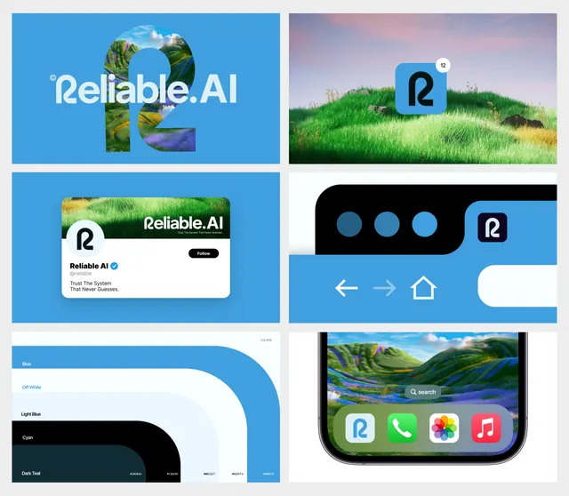 Reliable.AI brand identity system with nature photography, minimal, gradient-heavy, cool