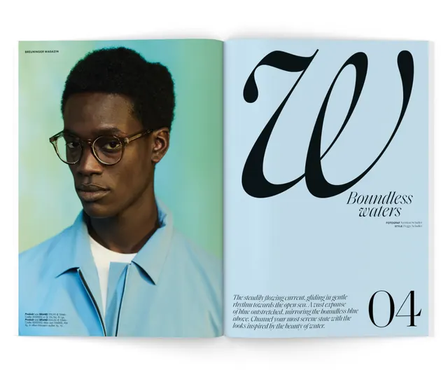 Blue editorial spread with portrait and italic headline, editorial, light-mode, cool