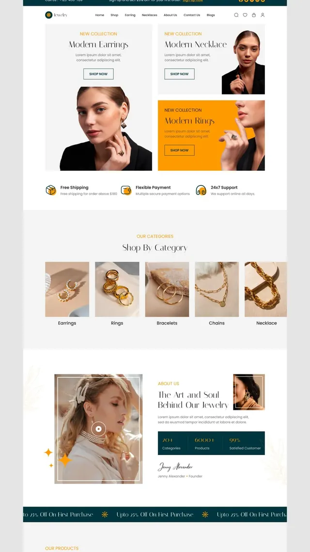 Jewelry ecommerce grid with product close-ups and golden accents, minimal, luxury, light