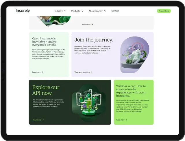Insurely multi-card fintech layout, corporate-clean, flat, dark