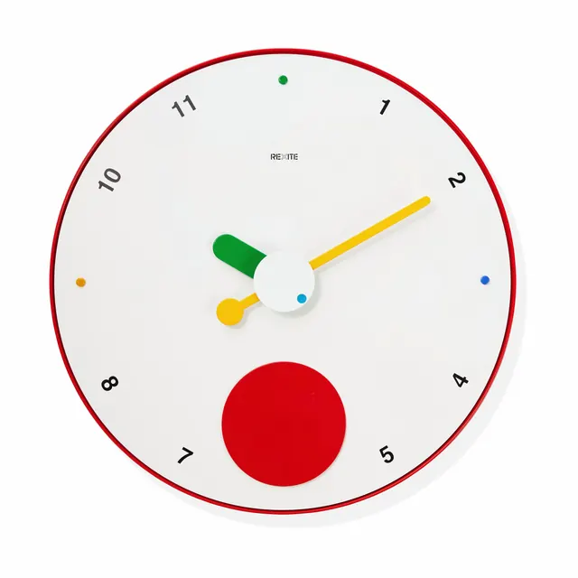 Minimal analog clock with colored hands and red border, minimal, geometric, light