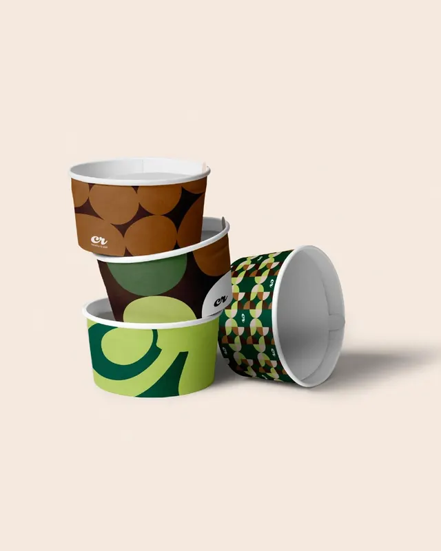 Coffee cup packaging with geometric motifs, geometric, playful, warm