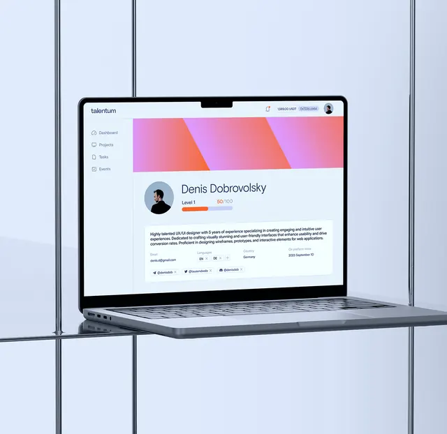 Portfolio site mockup on laptop, minimal, corporate-clean, light