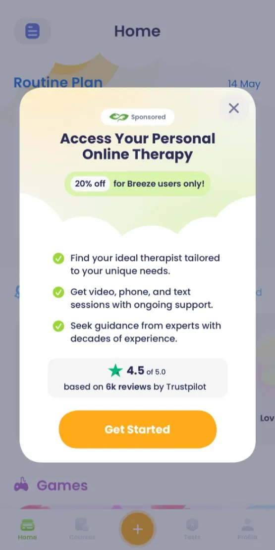 Therapy app onboarding modal, minimal, playful, light